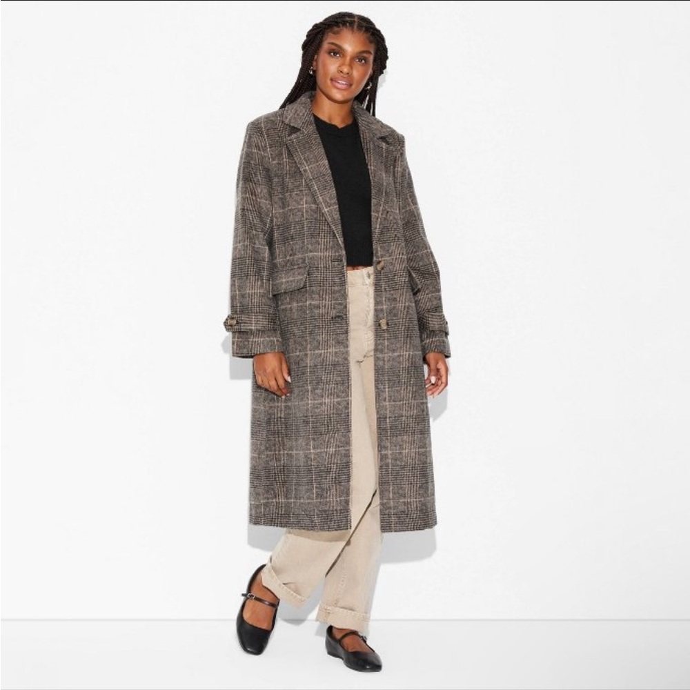 Plaid Wool-Blend Coat - Brown